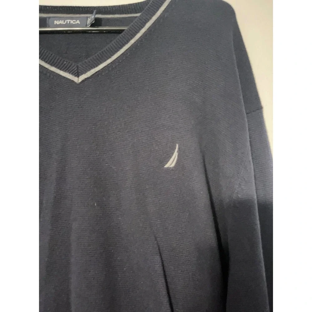 Nautica Mens XL Navy Blue V-Neck Cotton Pullover Sweater Tipped Neck Logo